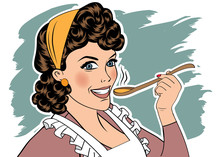 Pop Art Retro Woman With Apron Tasting Her Food