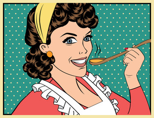 pop art retro woman with apron tasting her food