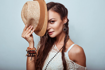 Wall Mural - Portrait of beautiful young hippie woman