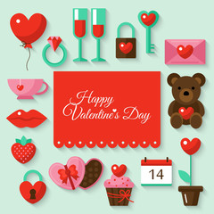 Valentine's day background with flat stylish icons. Vector illus