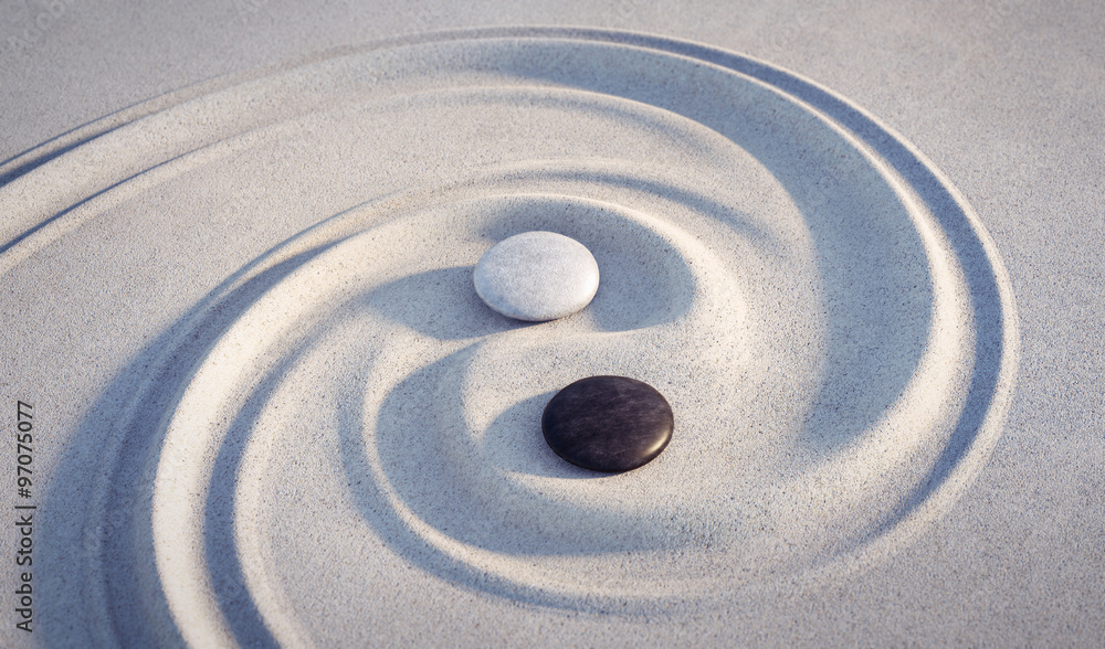 Yin Yang Motiv  - Steine im Sand - obrazy, fototapety, plakaty 