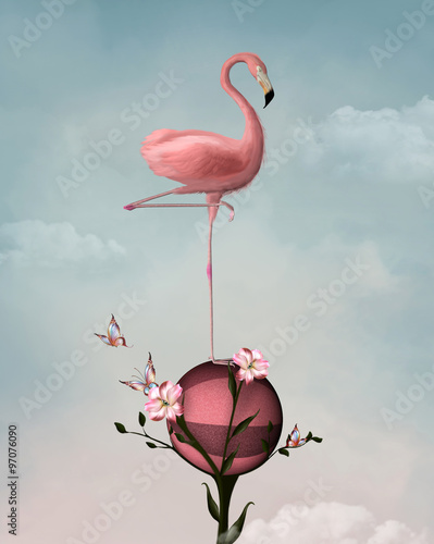 Fototapeta Surreal composition with flamingo and flowers