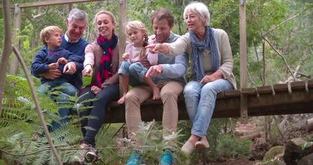 Poster - Multi generation family sitting on wooden bridge in a forest