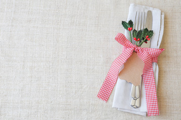 Wall Mural - Christmas table place setting, holidays copy space background, s