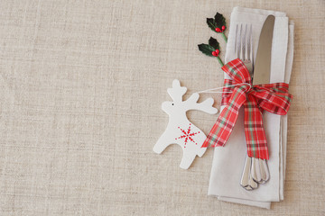 Wall Mural - Christmas table place setting, holidays copy space background, s