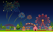 Amusement Park Scene At Night With Fireworks