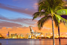 Beautiful Sunset Over  Downtown And The Port Of Miami, Beautiful Colorful Sunset Skyline Panorama With Silhouettes Of Palm Trees