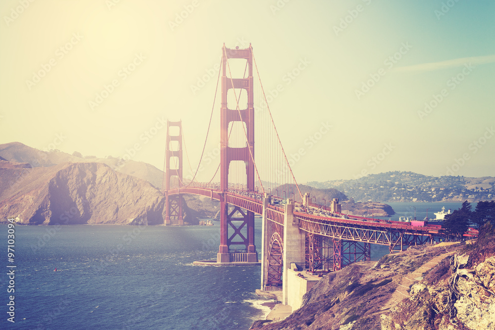 Vintage toned picture of the Golden Gate Bridge, San Francisco.