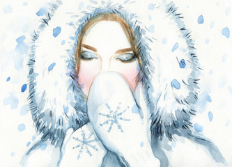 Wall Mural - Woman in fur coat , winter. young beauty woman with mittens. watercolor illustration