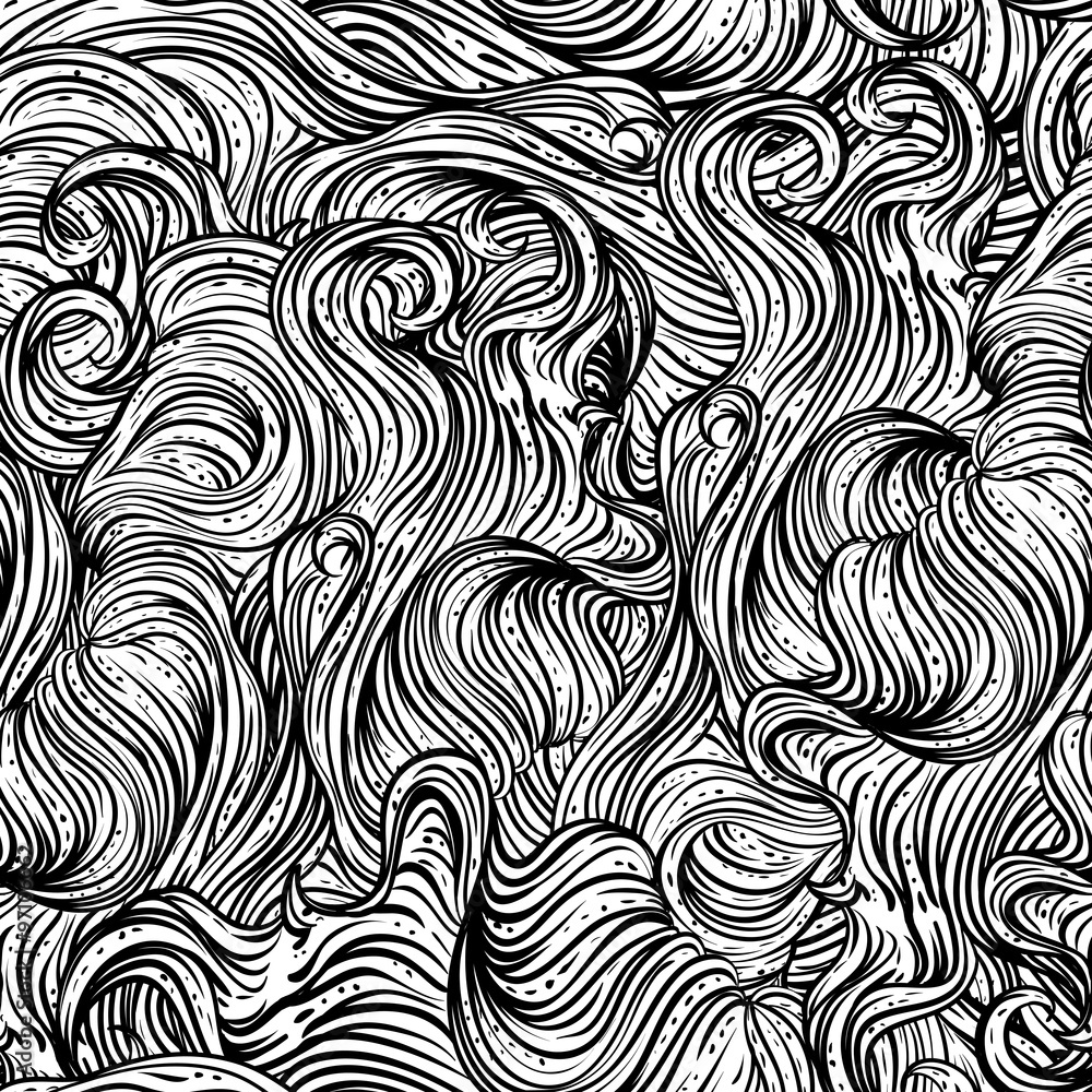Abstract seamless pattern with wavy hair. Black and white hand drawn ...