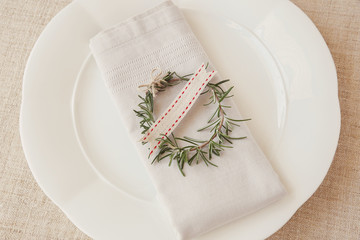 Wall Mural - Christmas table place setting, holidays  background, selective focus, vintage tone