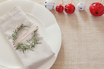 Wall Mural - Christmas table place setting, holidays copy space background, selective focus, vintage tone