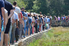 A Group Of People Standing In Line At The Park
