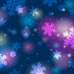 Wall Mural - Blue background with bokeh and blurred snowflakes, vector