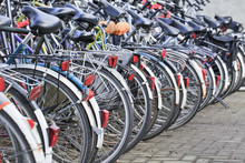 Row Parked Bicycles In Amsterdam