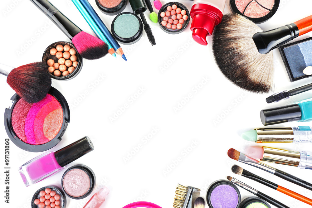 Frame of decorative cosmetics on white background