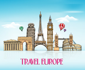 Wall Mural - travel europe hand drawing with famous landmarks and places in blue background with reflection. vect