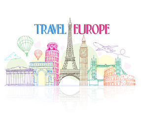 Wall Mural - colorful travel europe hand drawing with famous landmarks and places in white background with reflec