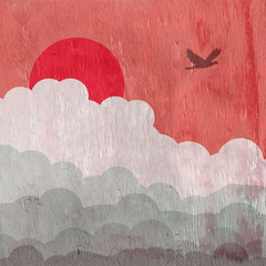 red sky with bird and sun on wood grain texture