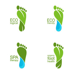 Set of footprints of green leaves and water drops for ecology, organic health and beauty care design