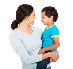 indian mother and son looking at each other