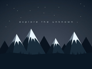 Low poly mountains night landscape vector background with stars in the sky. Symbol of exploration, discovery and outdoor adventures