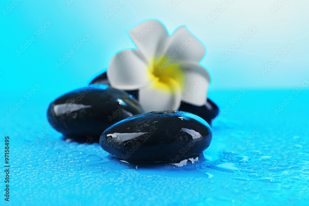 Spa stones and flower on blue background