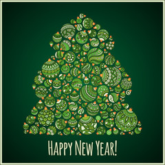 Happy New Year Greeting Card. Christmas tree from balls illustra