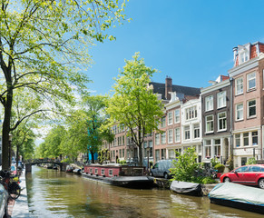 Wall Mural - Amsterdam with green canal in the downtown, Holland