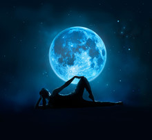 Abstract Woman Are Yoga At Blue Full Moon With Star In Dark Night