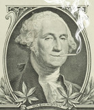 Fototapeta  - George Washington smoking a joint with pot leaves along the bottom representing decriminalization and legalization of marijuana in the United States