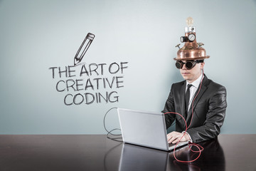 the art of creative coding concept with vintage businessman and laptop
