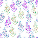 A floral seamless pattern with the green, brown, bright purple and blue watercolor plants, seaweeds on a white background