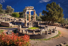 Ruins Athina Pronaia Temple In Ancient Delphi, Greece, Europe