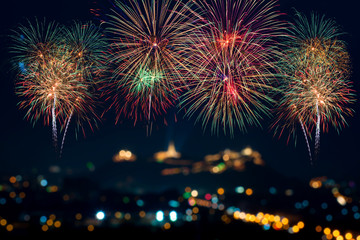 Beautiful firework display for celebration with blur bokeh light