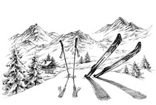 Holidays At Ski Background, Mountains Panorama In Winter Sketch