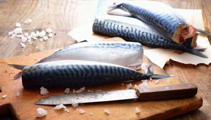 Fresh mackerel on the board.