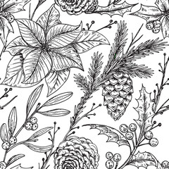 Wall Mural - Vector seamless pattern with hand drawn winter plants