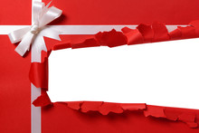 Christmas Gift Torn Open Strip, White Ribbon Bow, Red Wrapping Paper