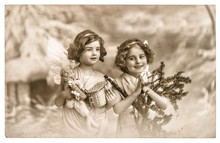 Angel Girls With White Wings, Toys And Christmas Tree