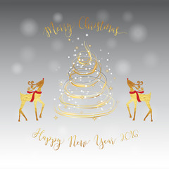 Merry Christmas New Year golden tree deer silver card with gold shiny curve line colors and snowfall bokeh and glitter star with silver and grey gradient background.