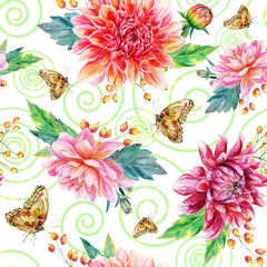  Seamless pattern with red dahlia.
