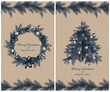 Christmas wreath and tree with decorations: balls, ribbons and stars. Christmas pine twigs and spruce branches. Christmas border. Set of two greeting cards. Vector, EPS 10.