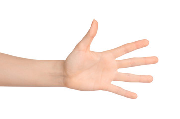 Wall Mural - Beauty and Health theme: beautiful elegant female hand show gesture on an isolated white background in studio