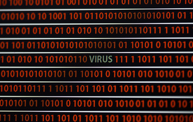 Wall Mural - a virus message in the screen. the virus word is in green and zeros and ones are in red. image taken