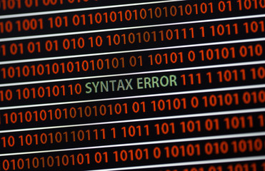 Wall Mural - a syntax error message in the screen. the text is in green and zeros and ones are in red. image take