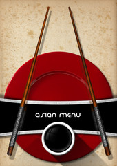 Asian Menu with Wooden Chopsticks / Template for an Asian menu with wooden and silver chopsticks, red plate and a bowl of sauce. On a yellowed old spotted paper