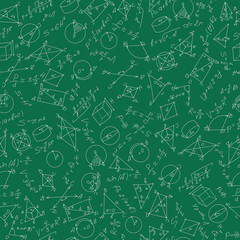 Wall Mural - Seamless pattern on the theme of learning and geometry white on a green background with formulas and graphs