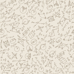 Wall Mural - Seamless pattern on the theme of learning and geometry with formulas and graphs in sepia