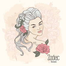 Zodiac. Vector Illustration Of Scorpio As Girl With Flowers.